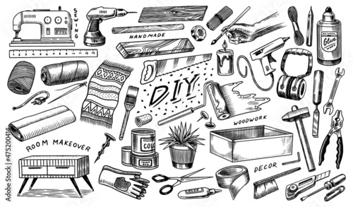 DIY icons. Hardware Shop concept. Glue, wood planks, sewing machine. Tools or instruments for home renovation. Banner poster template. Do it yourself. Engraved doodle vintage sketch hand drawn. 