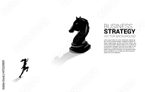 businesswoman running to knight chess piece 3D silhouette vector. icon for business planning and strategy thinking