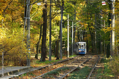 Niebieski tramwaj jedzie przez jesienny park po torach. 