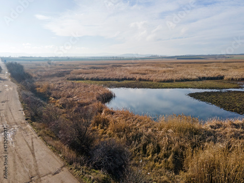 Aerial Autumn view of Aldomirovtsi marsh, Bulgaria