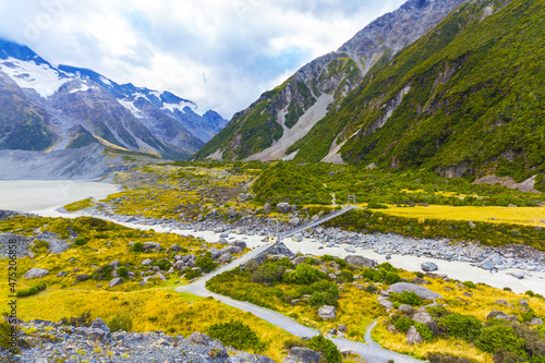 View to The 1st Swing Bridge at Aoraki or Mount Cook National Park in the Canterbury Region of South Island, New Zealand; Way to Hooker Valley Track