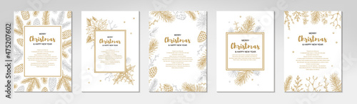 Set of Merry Christmas and happy New Year greeting cards with floral elements. Hand drawn vector illustration