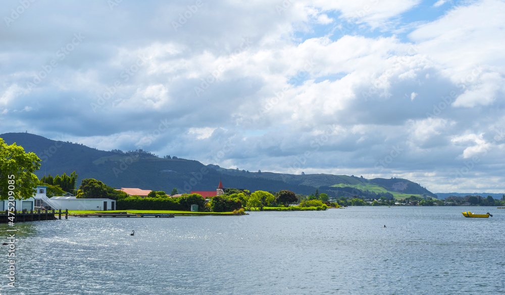Panoramic View of Lake Rotorua New Zealand, Bay of Plenty Region, North Island during Calm Day