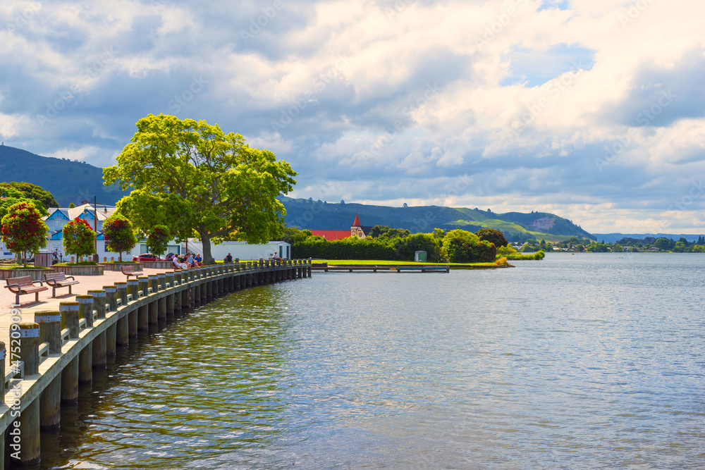 Panoramic View of Lake Rotorua New Zealand, Bay of Plenty Region, North Island during Calm Day