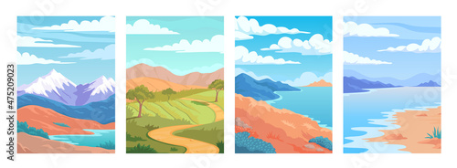 Colorful beautiful nature landscapes, mountains, hills, beach and summer field vector illustration 