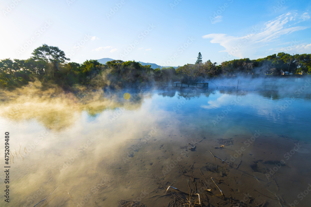 Panoramic View of Geothermal Lake in Kuirau Park Rotorua, Bay of Plenty, North Island, New Zealand