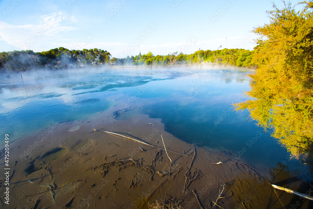 Panoramic View of Geothermal Lake in Kuirau Park Rotorua, Bay of Plenty, North Island, New Zealand