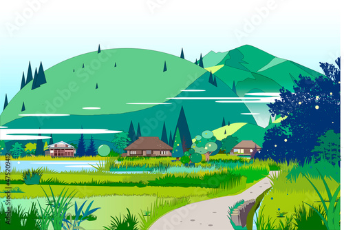 日本の里山の風景イラスト