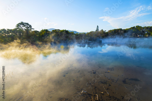 Obraz na płótnie Panoramic View of Geothermal Lake in Kuirau Park Rotorua, Bay of Plenty, North Island, New Zealand w salonie