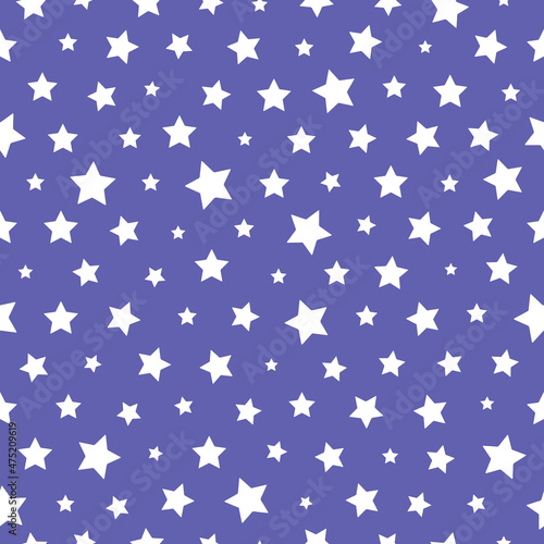 White irregular Stars on Very Peri Violet background. Minimalistic Star geometric shape vector Seamless Pattern. Fashion texture for Holiday, nursery print, fabric, textile, wrapping, gift paper, web