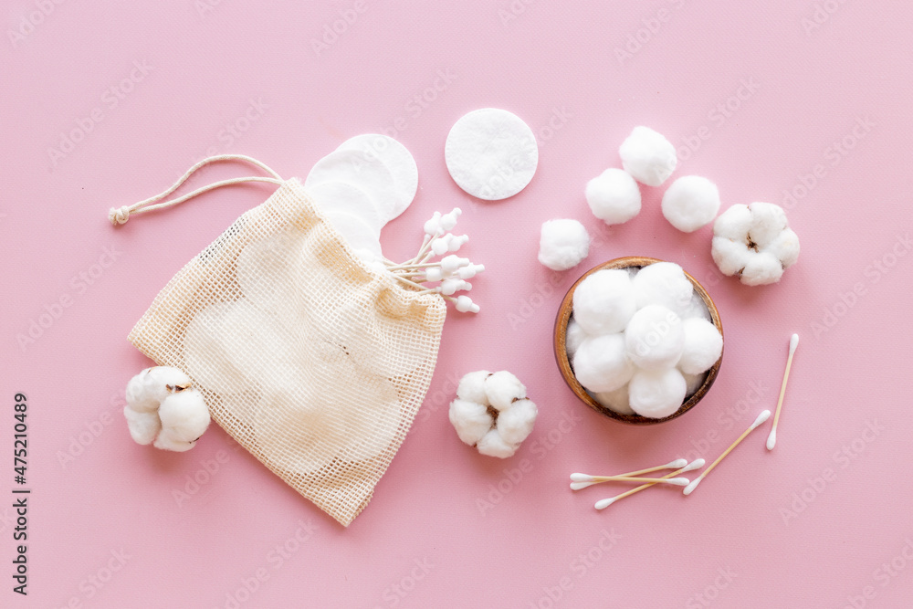 Cotton health care supplies - balls with cotton pads, top view Cotton health care supplies - balls with cotton pads, top view