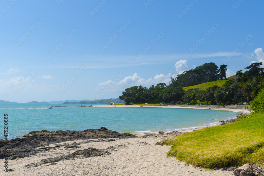Panoramic View of Waiomanu Beach, Maraetai Beach Auckland, New Zealand; Rocky Parts of the Beach during Low Tide