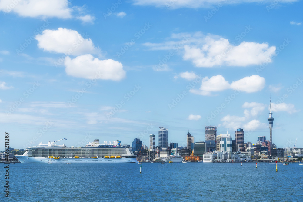 Auckland Waterfront Panoramic View with A Big Cruise Ship, Auckland Harbour, New Zealand