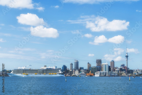 Auckland Waterfront Panoramic View with A Big Cruise Ship, Auckland Harbour, New Zealand © Rangkong