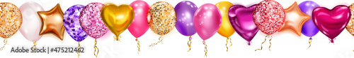 Banner with flying colored helium balloons in various shapes and colors with seamless horizontal repetition on white background