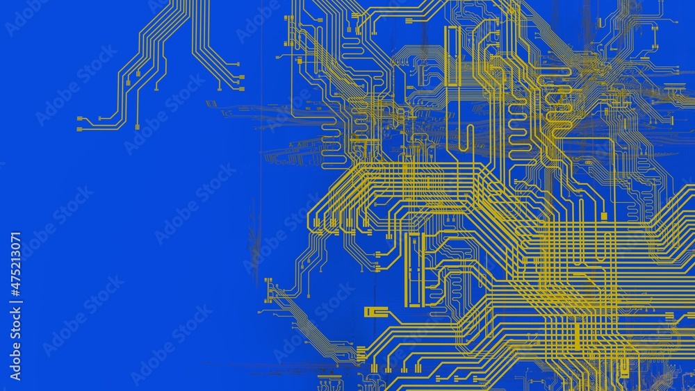 Circuit technology yellow line under blue background with hi-tech digital data connection system and computer electronic desing. 3D illustration. 3D CG. High quality rendering.