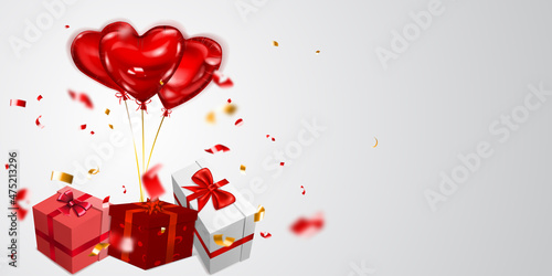 Vector illustration for Valentine's Day with helium balloons, small blurry pieces of serpentine and several red, pink and white gift boxes with ribbons, bows and pattern of hearts, on light background