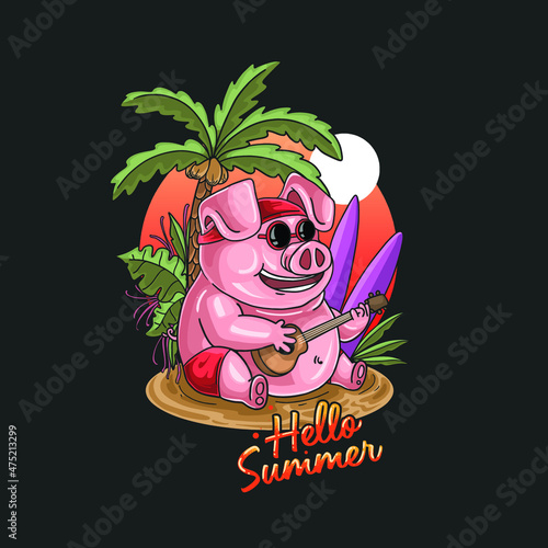 Pig Playing Guitar And Singing At Beach