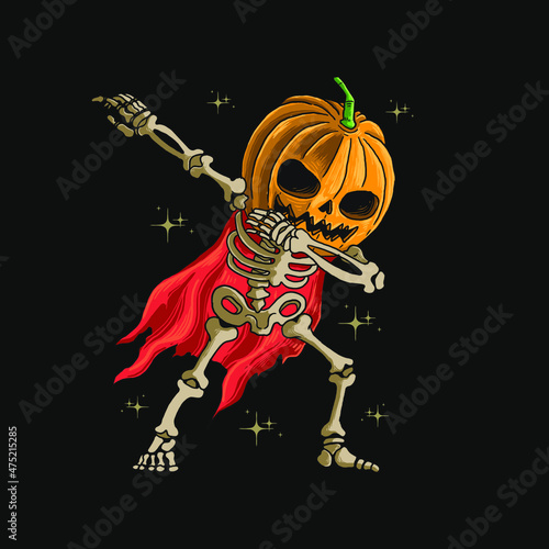 skeleton pumpkin head dabbing dance illustration vector graphic
