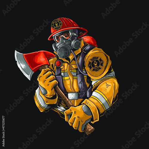 fire fighter with axe illutration vector graphic