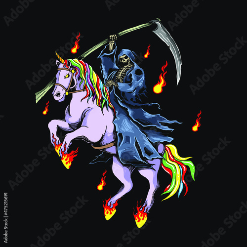 grim reaper with unicorn illustration vector graphic