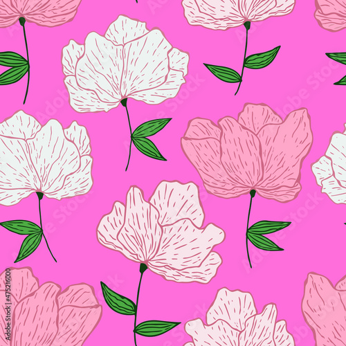 Seamless pattern with spring flowers and leaves. Hand drawn background. floral pattern for wallpaper or fabric. Botanic Tile. © Carrie