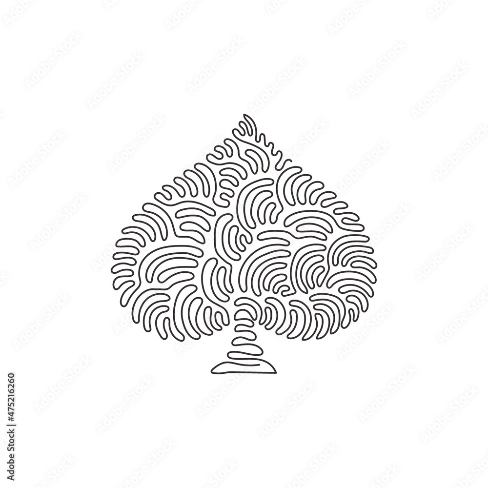 Single one line drawing poker playing cards suit spades design shape single icon. Spades suit deck of playing card used for ace in Las Vegas royal casino. Swirl curl style. Continuous line draw vector Single one line drawing poker playing cards suit spades design shape single icon. Spades suit deck of playing card used for ace in Las Vegas royal casino. Swirl curl style. Continuous line draw vector