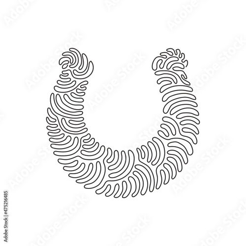 Single one line drawing metal horseshoe for horses. Shoes for horses to protect hooves. Farm and gardening single icon symbol. Swirl curl style. Continuous line draw design graphic vector illustration