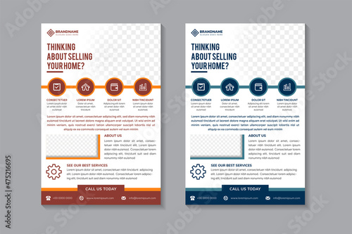 Thinking about selling your home flyer design template use vertical layout with white background. brown and blue on element design. rectangle space of photo collage