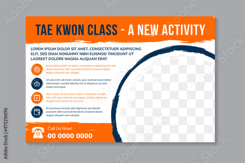 Tae kwon do class, a new activity flyer design template use vertical layout with white background. orange and blue on element design. quarter circle space of photo collage.