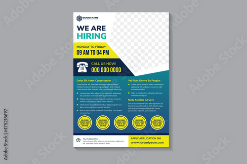 we are hiring worker flyer design template use vertical layout with blue gradient background. yellow and white on element design. space of photo collage.