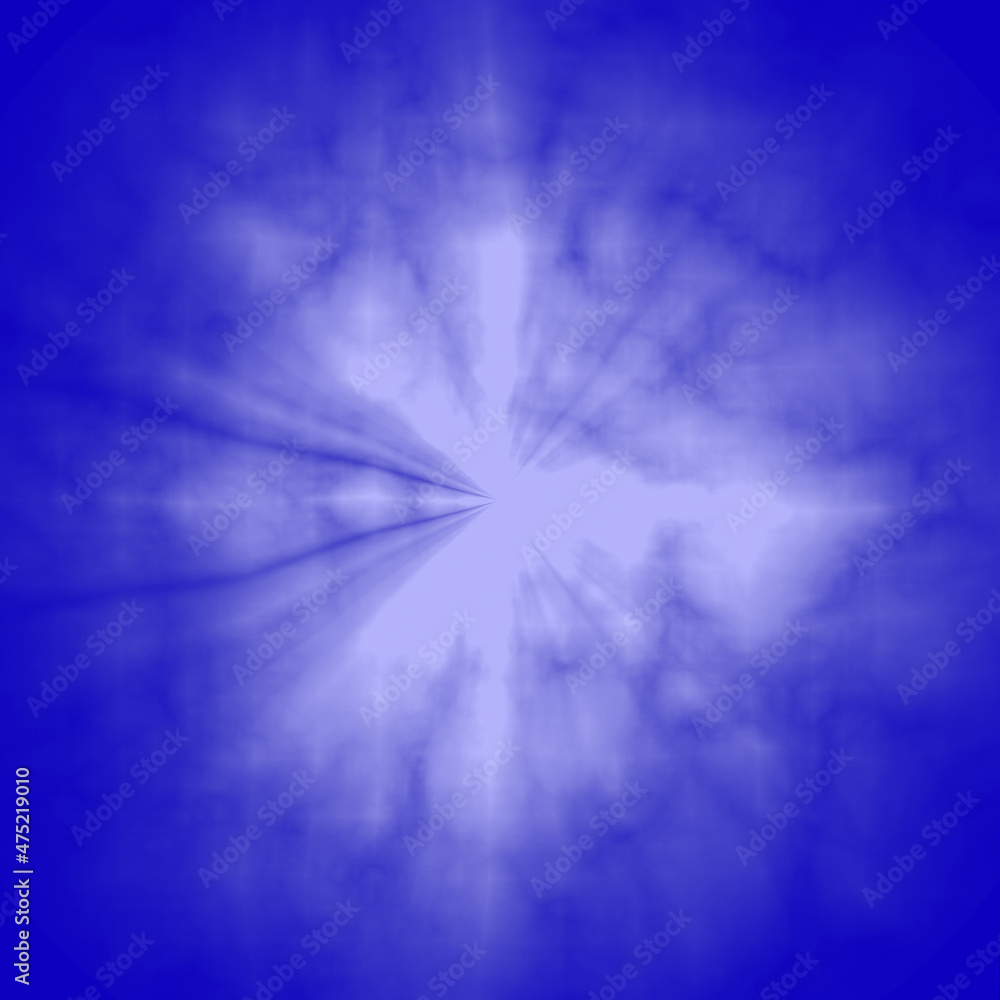 Obraz premium A white snowflake on a blue background. Blue abstraction with a drawing in the center. A bright explosion.
