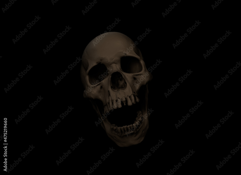 Only Human skull full face on Black Isolated Background. The concept art of death, horror. Design for print, poster. A symbol of spooky Halloween, Virus, immortal, pirat. 3d rendering illustration..