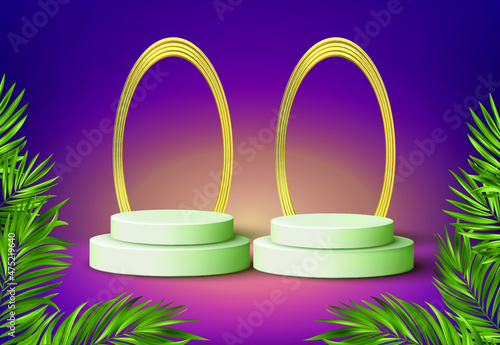 yellow and purple Background Studio, with a Round Podium and tropical leaves - Vectoral illustration