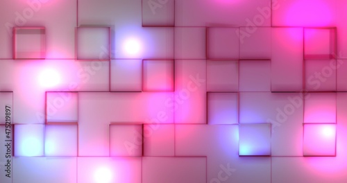 Flat wall of 3D cubes with bright pink and purple spot lights background