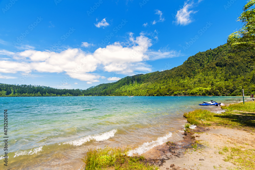 Landscape Scenery of The Blue Lake aka Tikitapu Rotorua, New Zealand, Bay of Plenty Region, North Island during Windy Day Landscape Scenery of The Blue Lake aka Tikitapu Rotorua, New Zealand, Bay of Plenty Region, North Island during Windy Day