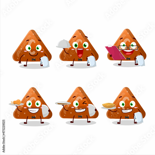 happy orange gummy candy C waiter cartoon character holding a plate