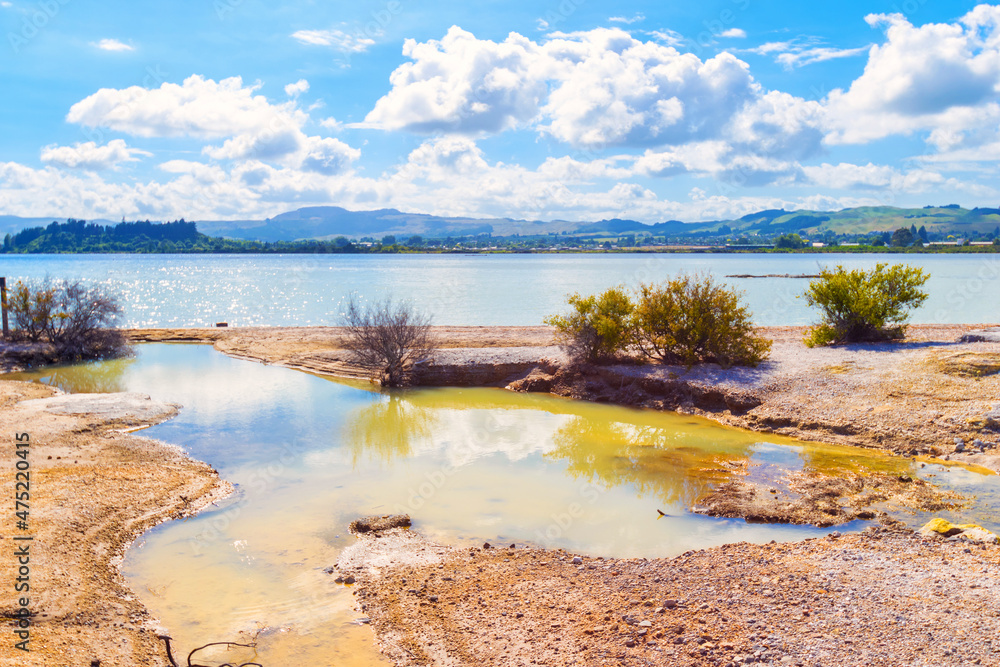 Landscape Scenery of Sulphur Point at Lake Rotorua, New Zealand; Geothermal Activity Pools and Stream