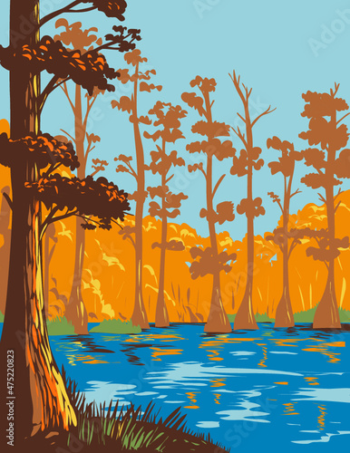 WPA poster art of Cane Creek State Park with Bayou Bartholomew on north bank of Cane Creek Lake in Lincoln County, Arkansas, United States of America USA done in works project administration style. 