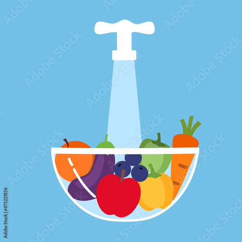 Washing fruits and vegetables before cooking or eating concept vector illustration. Housewife cleaning vegetables with a lot of water.