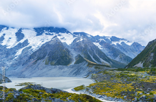 Panoramic View of Aoraki or Mount Cook National Park in the Canterbury Region of South Island, New Zealand