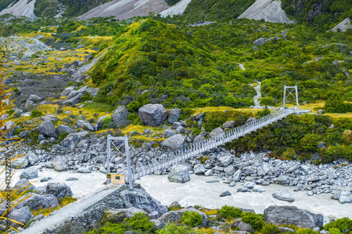 View to The 1st Swing Bridge at Aoraki or Mount Cook National Park in the Canterbury Region of South Island, New Zealand; Way to Hooker Valley Track photo