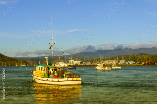 Boats and Landscape Scenery at Ferry Landing Port, Coromandel Peninsula New Zealand During Morning Time photo