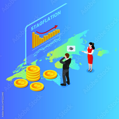 Stressed business people over stagflation economy isometric 3d vector concept for banner, website, illustration, landing page, flyer, etc. photo