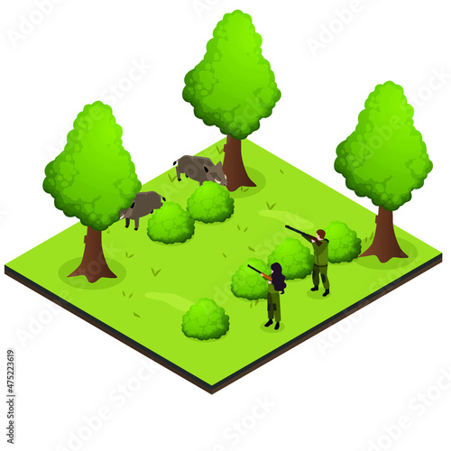 Hunter aiming wild boars during the hunting season isometric 3d vector concept for banner, website, illustration, landing page, flyer, etc.