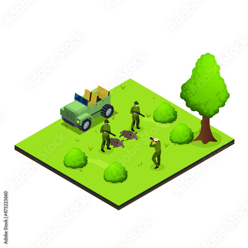Wild boars hunter being photographed isometric 3d vector concept for banner, website, illustration, landing page, flyer, etc.