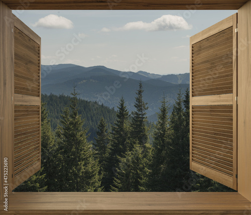 Beautiful view from the house in the forest. Window with a picturesque view on the mountain's . Vacation home for the rest near the forest.