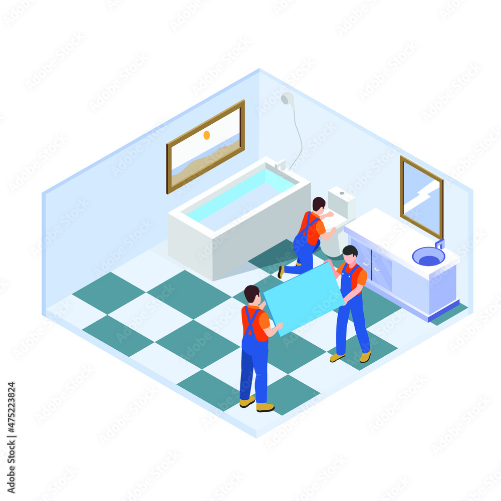 Construction workers installing bathroom and toilet isometric 3d vector concept for banner, website, illustration, landing page, flyer, etc. Construction workers installing bathroom and toilet isometric 3d vector concept for banner, website, illustration, landing page, flyer, etc.