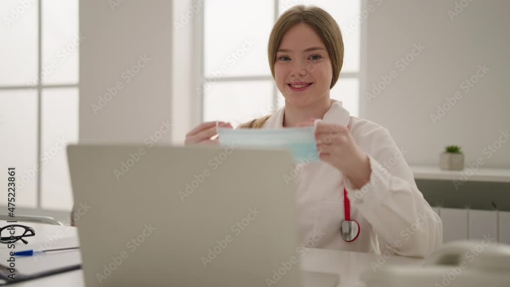 Young blonde woman wearing doctor uniform wearing medical mask at clinic Young blonde woman wearing doctor uniform wearing medical mask at clinic
