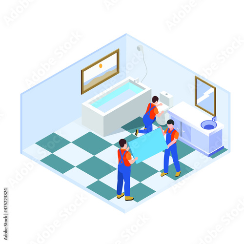 Construction workers installing bathroom and toilet isometric 3d vector concept for banner, website, illustration, landing page, flyer, etc.